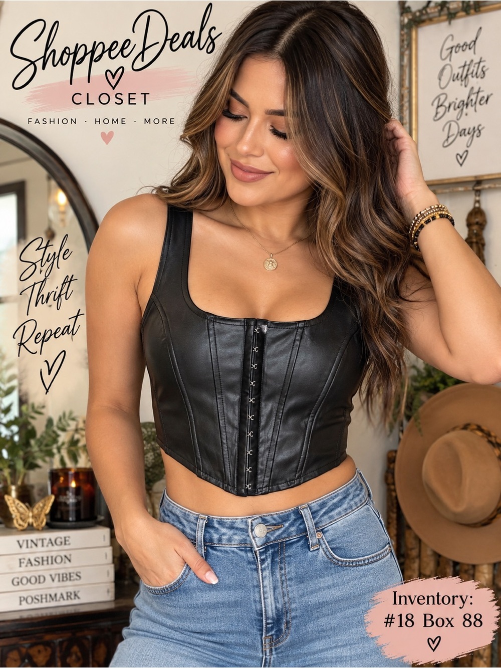 One By One Black Faux Leather Corset Bustier Crop Top Medium Y2K